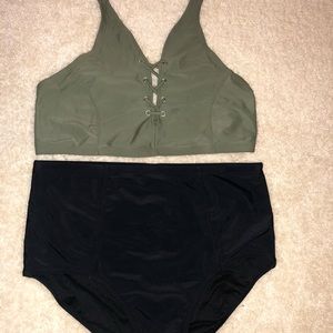 Army green criss cross top, high waisted bottoms.